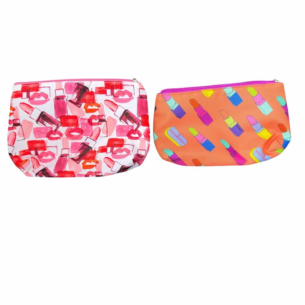 Clinique Cosmetic Bag Lipstick Print Makeup Travel Bag Lot of 2 Fabric Vtg?NOS